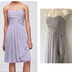 David's Bridal Bridesmaid Strapless Dress Gray Chiffon Asymmetrical Flowy Size 2